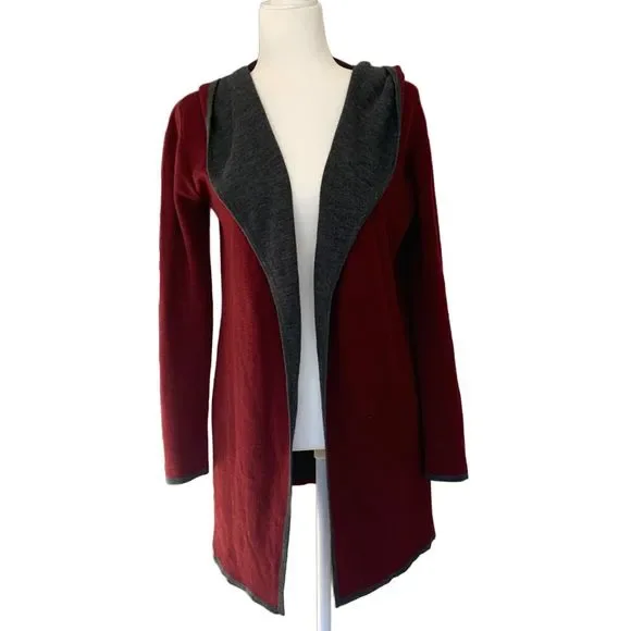 BNCI by Blanc Noir Red Wool Blend Hooded Long Sleeve Long Line Cardigan Sweater - Picture 2 of 10